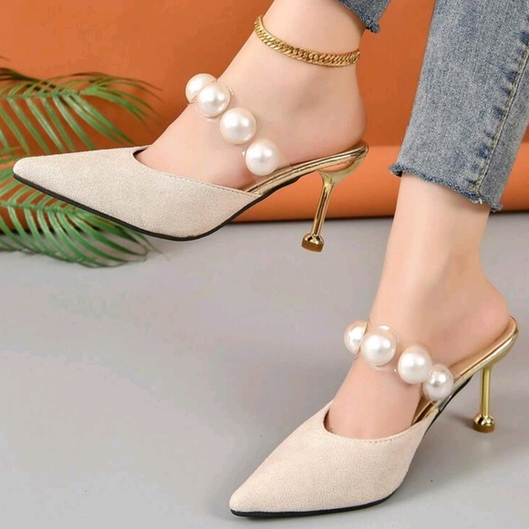 New Fashion Golden Pearl Decorated Elegant High Heels Party Shoes For Women - Picture 5 of 8